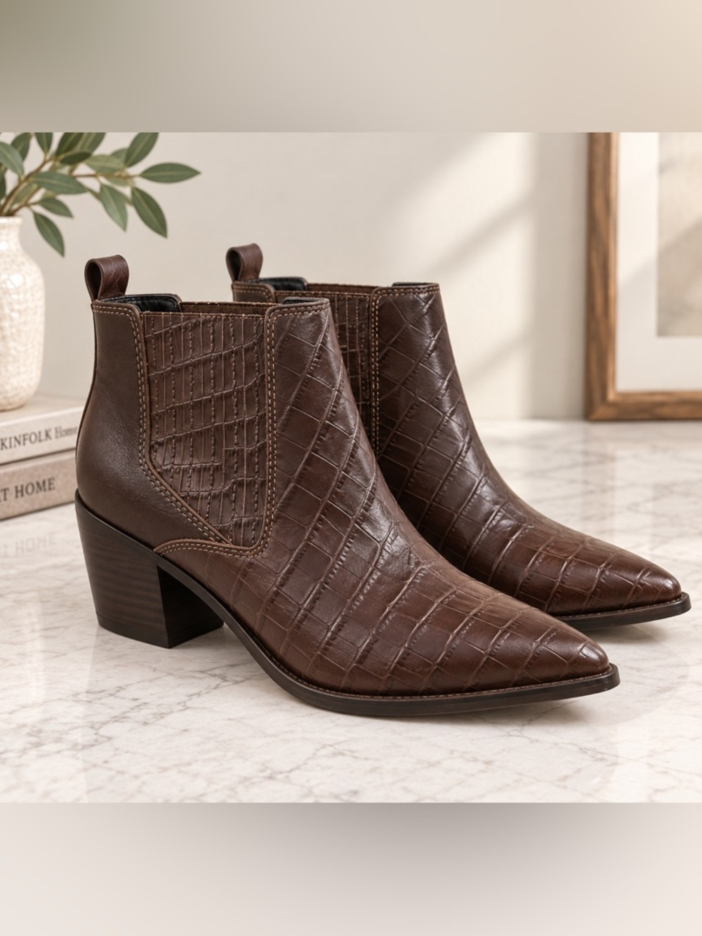 Marc Fisher Brown Croc-Embossed Ankle Booties with Block Heel sz8